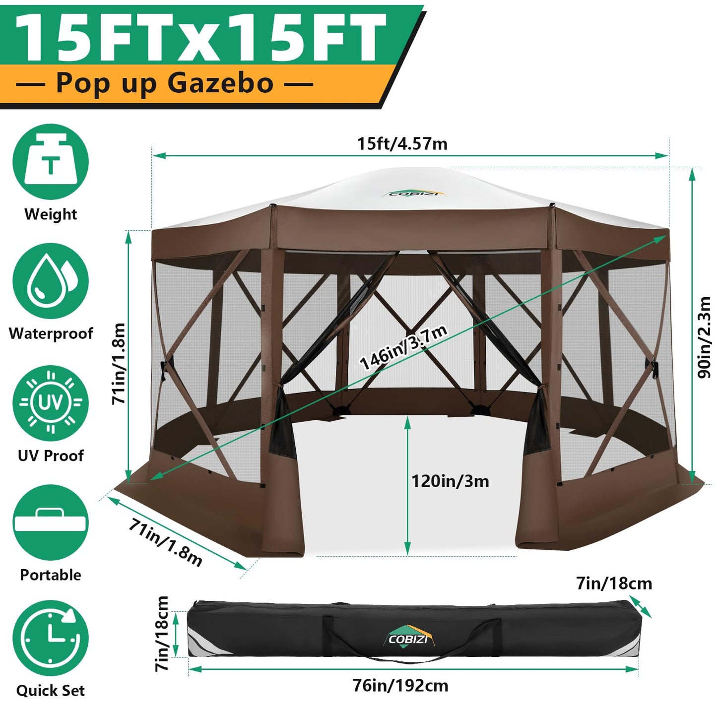 COBIZI 15x15FT Pop Up Gazebo Screen Tent Screen House for Camping, Screen Room with Mosquito Netting, Hub Tent Instant Screened Canopy with Carrying Bag and Ground Stakes, Brown