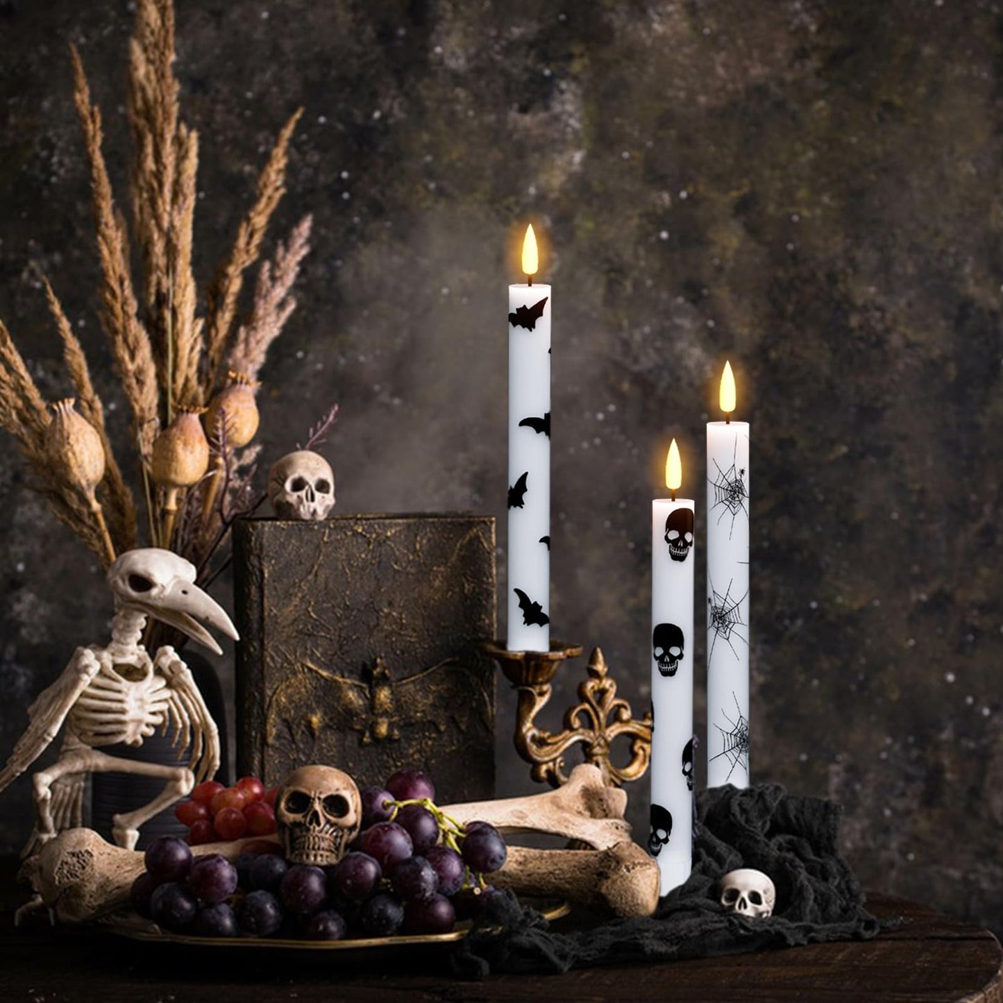 Wondise Halloween Flameless Taper Candles with Remote & Timer, Battery Operated with Spider Web, Bats, Skull, Real Wax 3D Wick LED Candles for Halloween Decorations