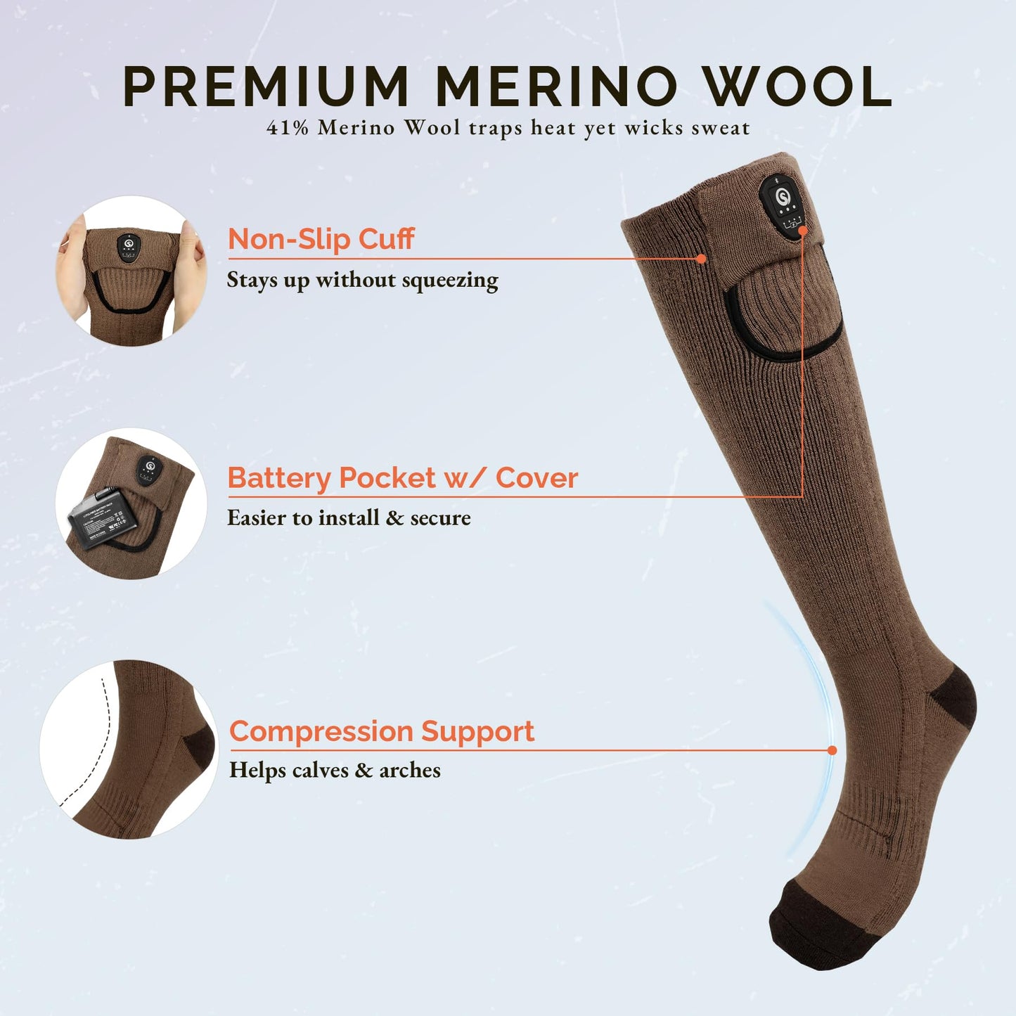 SAVIOR HEAT Heated Socks for Men Women, App Control Merino Wool, 7.4V Rechargeable Electric Battery Ski Socks, Smart Safety 3 Heat Levels for Winter Skiing Hunting Work Hiking Riding Fishing (Large)