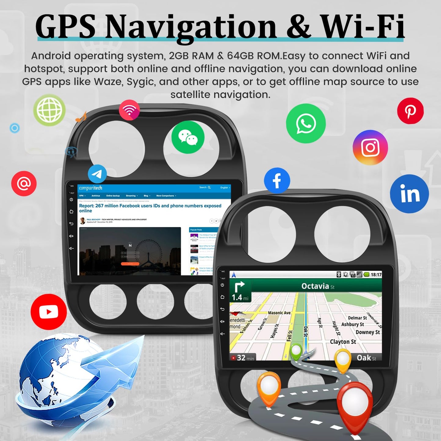 2+64G Android Car Radio for Jeep Compass Patriot 2010-2016 with Wireless CarPlay & Android Auto, 10.1 Inch Patriot Car Stereo with WiFi / 1080P / SWC + AHD Backup Camera + MIC