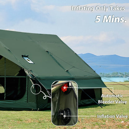 WaldZimmer Inflatable Camping Tent 12sq Green with Hand Pump Easy Setup Waterproof Windproof Outdoor Blow up Tent 6-8 Person Oxford 4 Season Glamping Air Tents Cabin House with Mesh Windows & Door