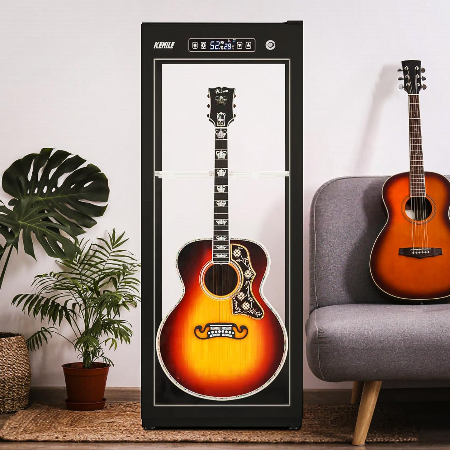 Guitar Display Case with Humidification & Constant Temperature, Smart Touch Control & Fingerprint Lock, Adjustable Racks for 3 Acoustic/4 Electric,GuitarsTransparent Cabinet (Four-sided glass)