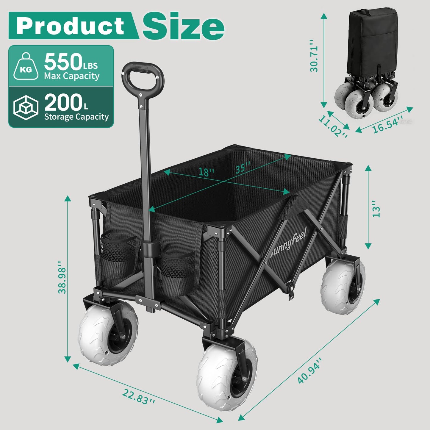 SUNNYFEEL Heavy Duty Beach Wagon with Big Wheels for Sand, 550LBS Capacity, 200L Beach Cart with Adjustable Handle, Foldable Wagon Cart for Camping, Garden, Shopping (Black)