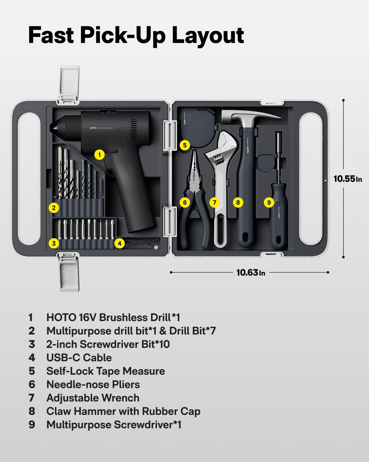 HOTO 25PCS Household Tool Kit with 16V Brushless Drill, 3/8” Keyless Chuck, Smart Display, 50 N·m Torque, 32 Torque Settings, LED Light, Includes Hammer, Wrench, Pliers, 8 x Drill Bits, 10 x Bits