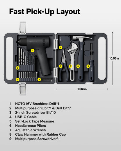 HOTO 25PCS Household Tool Kit with 16V Brushless Drill, 3/8” Keyless Chuck, Smart Display, 50 N·m Torque, 32 Torque Settings, LED Light, Includes Hammer, Wrench, Pliers, 8 x Drill Bits, 10 x Bits