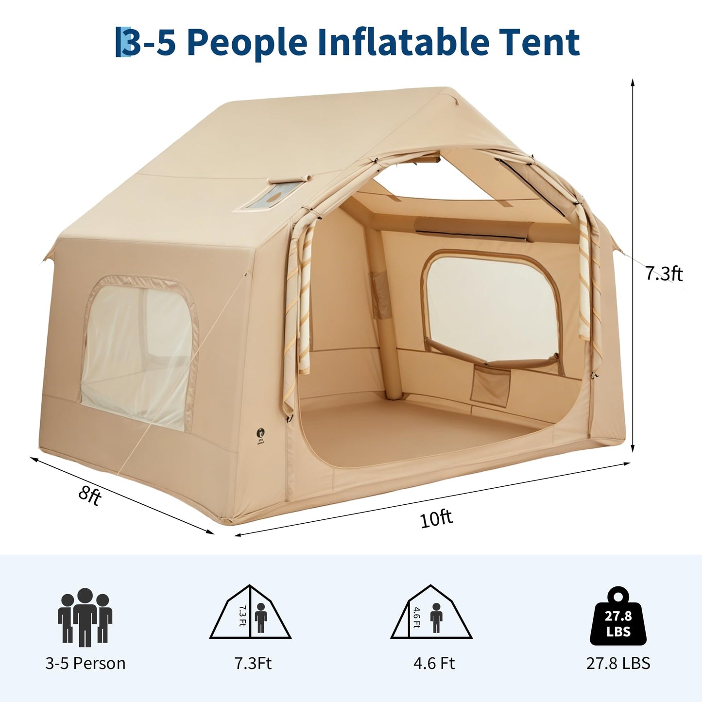 Inflatable Camping Tent for 3-5 Person, Quick Setup Blow Up Tent with Hand Pump, 210D Oxford Air Glamping Tents with Skylight & Stove Jack, 4 Season for Outdoor Camping, Beach, Hiking