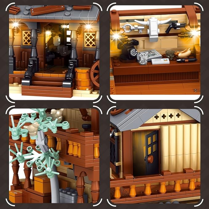 39115 Cowboy City Hotel Building Set with LED Wild West Western Modular Street Scene Model Creative Architecture Kit for Adults 1597 PCS