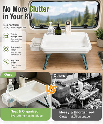 Portable Outdoor Sink with Electric Faucet - Adjustable Height Camping Sink, 3 Water Modes Hand Washing Station, Lightweight RV Portable Sink for Camping Backyard Dishwashing