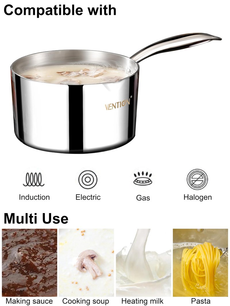 VENTION Tri-Ply Stainless Steel 1 Quart Saucepan with Lid, Bright Small Sauce Pan with Pour Spout, Small Pots for Cooking