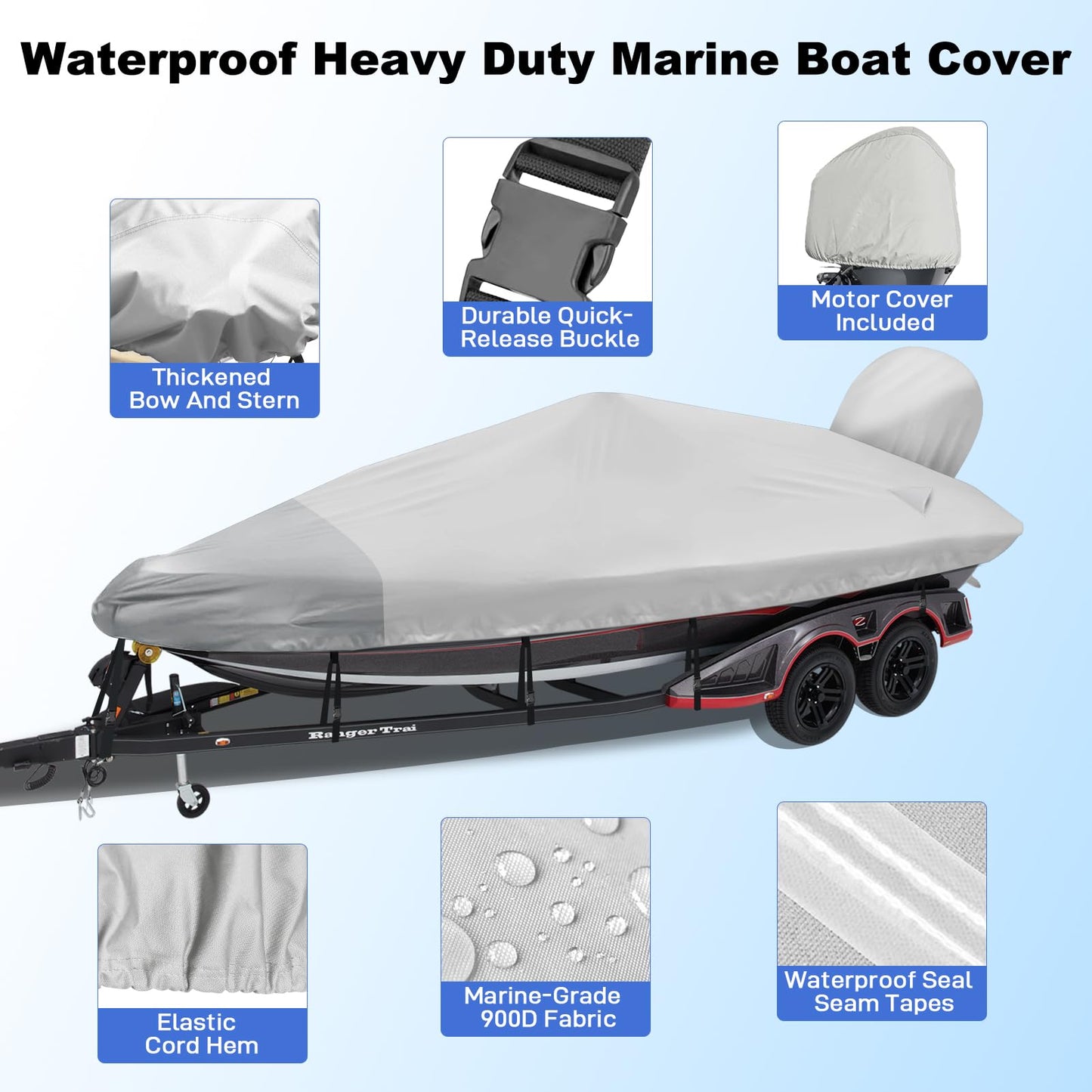 Caminor Boat Cover 14-15.8ft, Bass Tracker Boat Cover with Sand Bag Mooring Kit, 1200D Marine Canvas Waterproof Heavy Duty Boat Covers for 14 feet 15ft 16' V Hull Bass & Runabout Boat,Gray