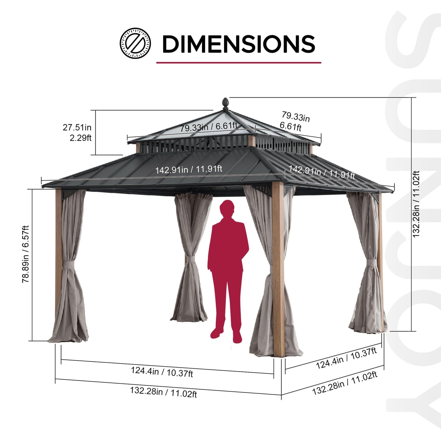 SUNJOY Kingston 12' x 12' Hardtop Gazebo with Galvanized Steel/Polycarbonate Double Roof, Curtain and Netting, Woodgrain Finish Aluminum Posts Permanent Pavilion Gazebo for Garden, Patio, Deck, Lawn