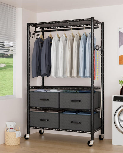 VyGrow Clothes Rack, Heavy Duty Clothing Rack for Hanging Clothes, 4-Tier Adjustable Closet Organizer with 4 Drawers | Hanging Rod | Side Hooks | Load 445lbs | 15.7" D x 35.4" W x 74.1" H