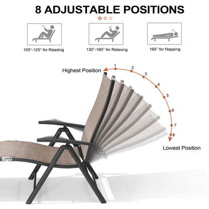 Crestlive Products 2PCS Chaise Lounge Chair Outdoor with 1PC Side Table, Aluminum Folding Patio Recliner Chair, Adjustable 8 Positions Assemble-Free