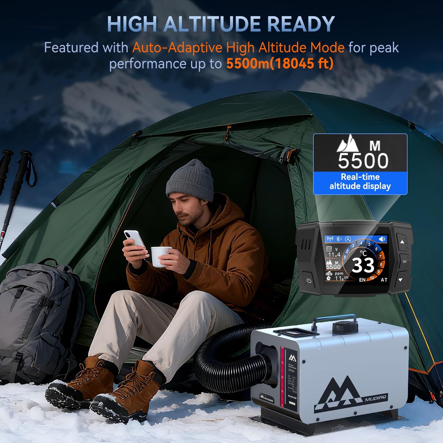 MUDIRO Diesel Heater 12V/24V/110V 8KW with CO Protection (Auto Shut-off & Alarm), Thermostat, Remote, TFT Display, Auto Altitude Adjustment, Chinese Diesel Heater for Camping, RV, Tent