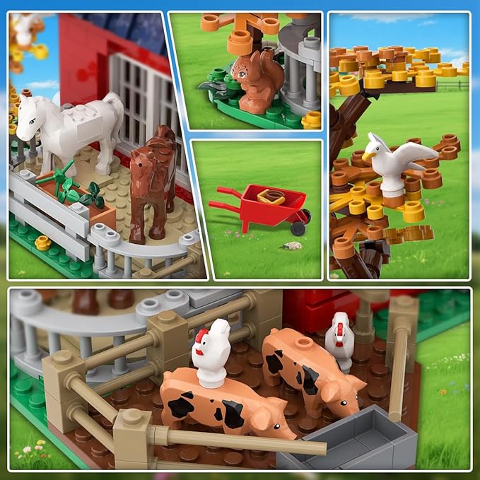 Western Farm Barn House Easter Building Set with Lights Newly Enhanced with Reinforced Structure 1434PCS Red Barn Building Toy with Animals Horse Tractor Windmill for Adults Boys Girls 10+