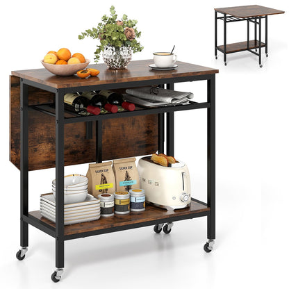 Giantex Folding Dining Table with 5 Wheels, Extendable Bar Tables with Wine Rack and Storage Shelf, Heavy-Duty Metal Frame, Space-Saving Kitchen Table for Small Spaces, Living Room, Apartment, Office