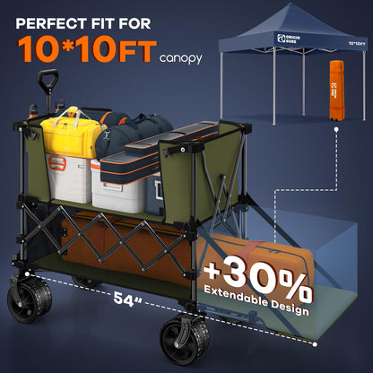 400L Double Decker Wagon Collapsible with 54" L Tailgate, 560lbs Heavy Duty Wagons Carts Foldable, Extra Large Folding Beach Wagon with Big All-Terrain Wheels for Camping, Sports, Groceries, Green