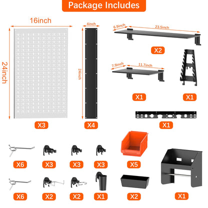 TORACK Pegboard Wall Organizer 4 ft. Garage Metal Pegboard Tool Organizer System, Tools Storage Peg Board Kit with Hooks and Accessories, Wall Mounted Storage Bins, Overhead Shelves
