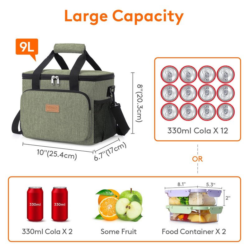 Lifewit Medium Lunch Bag, Insulated Lunch Box, Soft Cooler Cooling Tote for Adult Men Women, Dark Green 12-Can (9L)