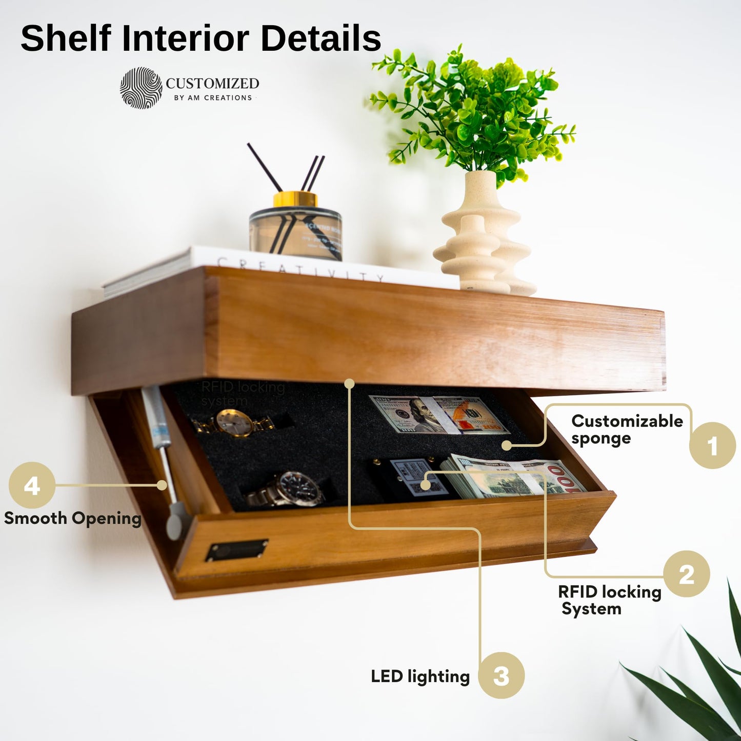 Concealment Shelf with RFID Lock - Concealed Gun Floating Shelf with Hidden Storage Compartment, Wooden Shelves for Wall Mount Display with Secret Drawer, Weapon Hiding Furniture Safe by AM Creations