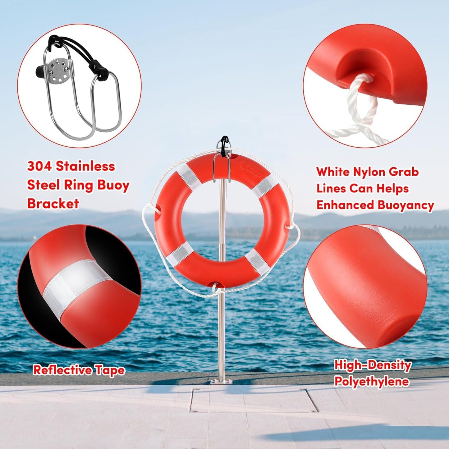 23" Life Ring Boat Safety Throw Ring with Water Floating Lifesaving Rope 50’ and Horseshoe Buoy Bracket for Boating Safety - 3 Pack
