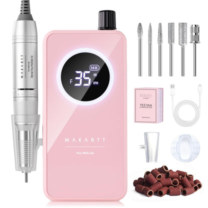Makartt Nail Drill Professional: 60W 35000RPM Electric Nail File with Coreless Motor, 2 in 1 Desktop & Portable, Drill Bits and LCD Display for Acrylic Gel Nails, Nouvella Pink