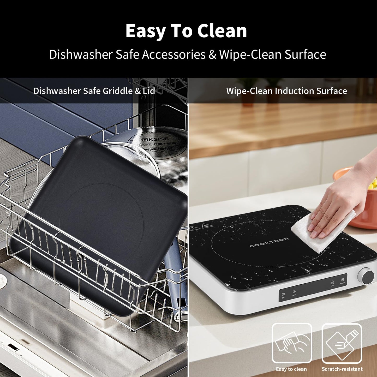 Cooktron 2-in-1 Induction Cooktop with Grill Pan – Portable 1 Burner Induction Hot Plate 1800W, Removable Griddle, 10 Power & 5 Temp Levels, Touch & Knob Control for Kitchen or RV Camping