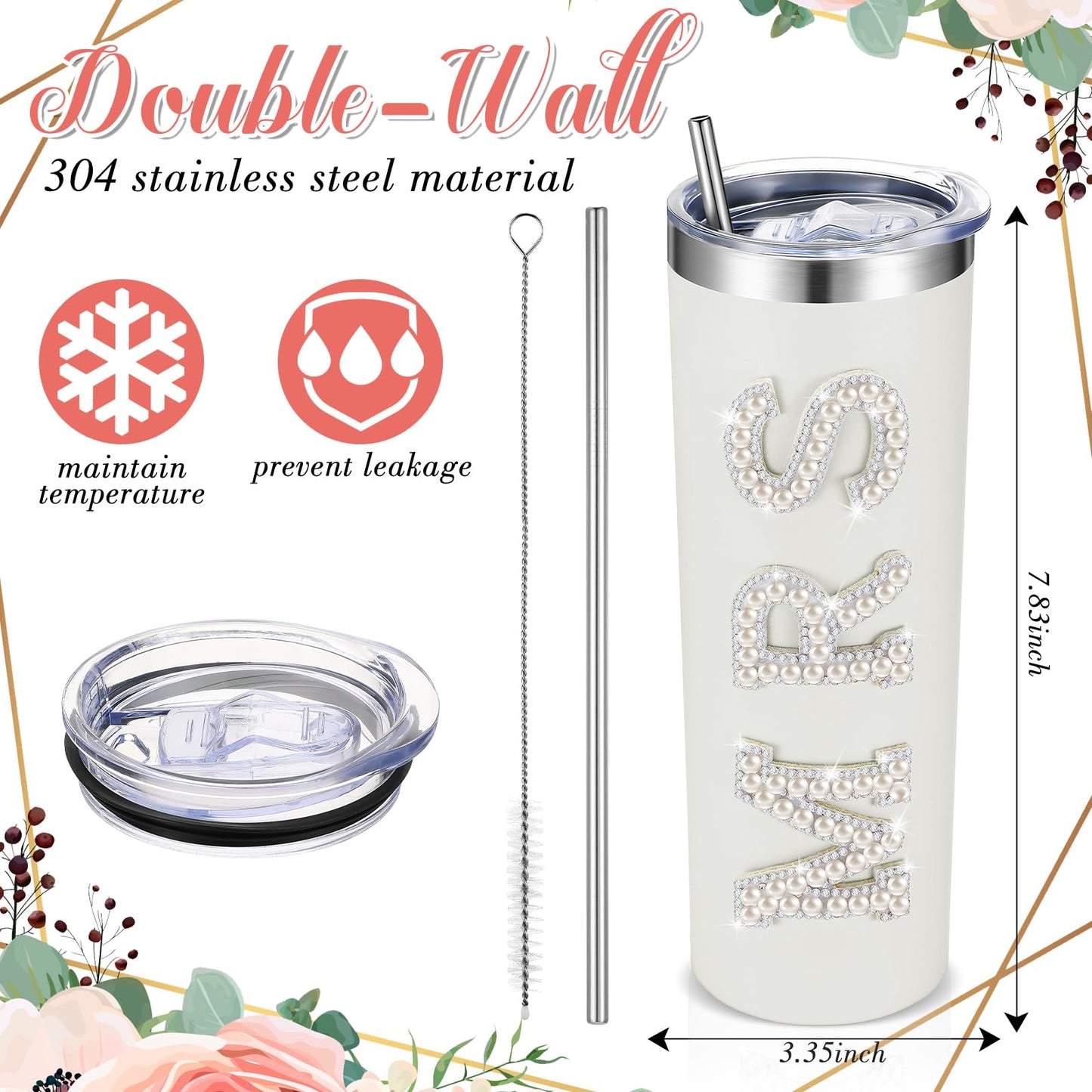 Zhehao Bride Cups Tumbler 20 oz Bachelorette Gift for Bride Tumblers Stainless Steel Mrs Cup with Lid Straw Bridal Gifts Mrs Water Bottle for Bridal Shower Engagement Party(White,Pearl)