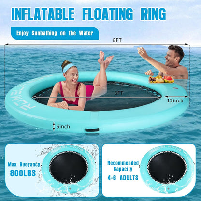 Inflatable Water Hammock Floating Dock, Round Float Ring for Summer Party, Heavy-Duty Raft Platform for Lakes Pools Oceans, Portable Lounger for Adults