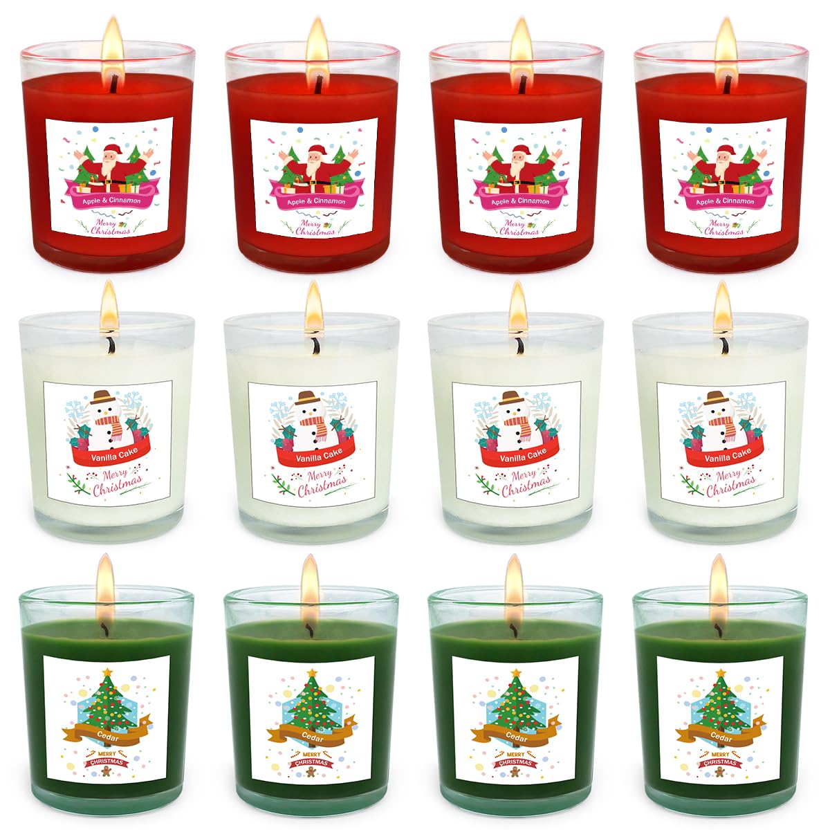 Christmas Scented Glass Votive Candle Set - 12 Pack, Holiday Fragrances: Apple & Cinnamon, Vanilla Cake, and Cedar - Festive Decor Candles for Home Parties Gifts