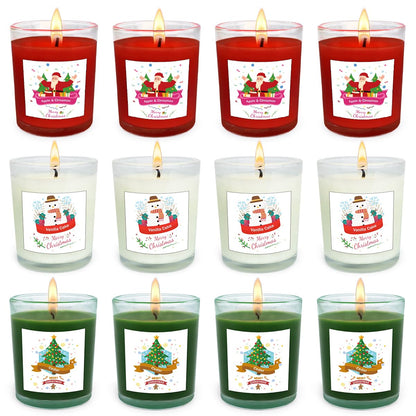 Christmas Scented Glass Votive Candle Set - 12 Pack, Holiday Fragrances: Apple & Cinnamon, Vanilla Cake, and Cedar - Festive Decor Candles for Home Parties Gifts