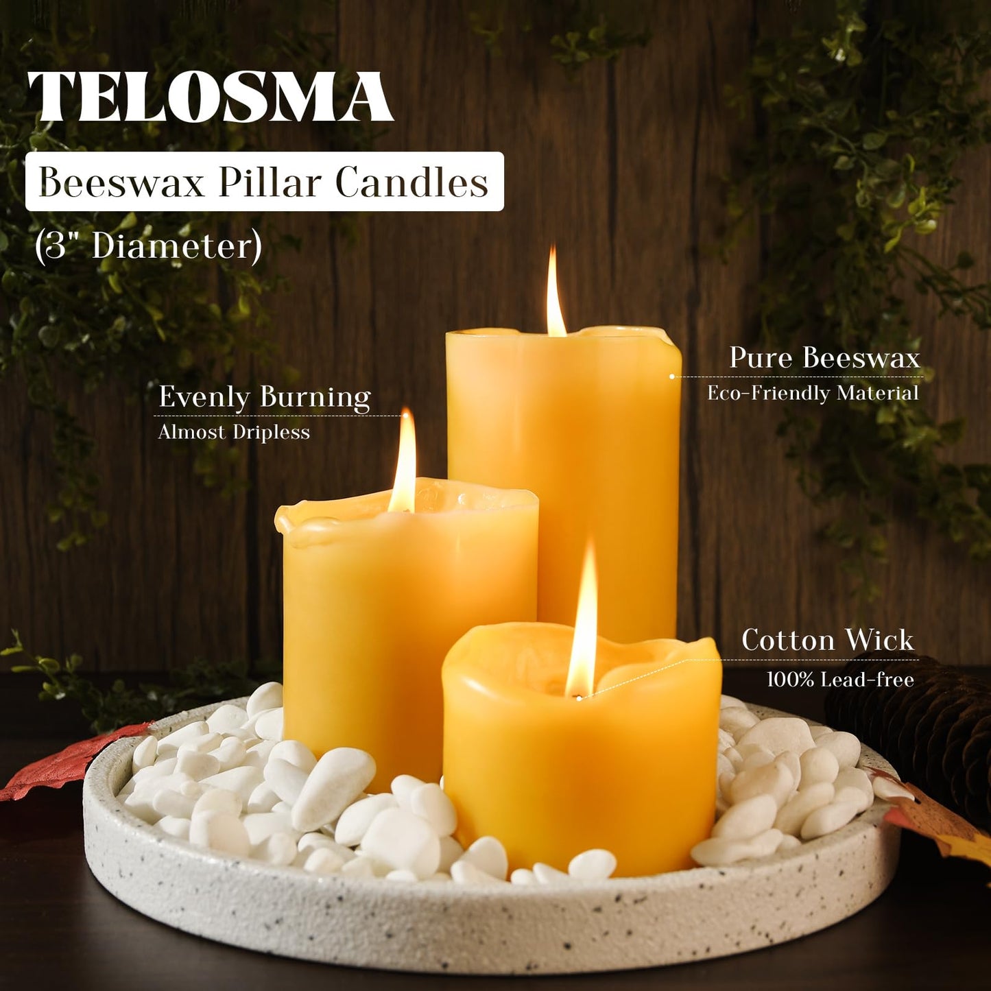Set of 3 Natural Beeswax Pillar Candles - 3 inch Wide (3 inch 4inch 6inch Tall) - 100% Pure Bees Wax Candles, Long Burning, Unscented Smokeless & Dripless, for Emergency, Home Decor