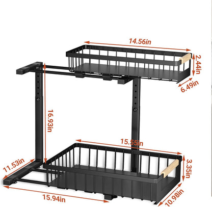 Under Sink Organizer - L-Shape 2-Tier Pull-Out Cabinet Storage Rack | Adjustable Height, Black, 2 Pack