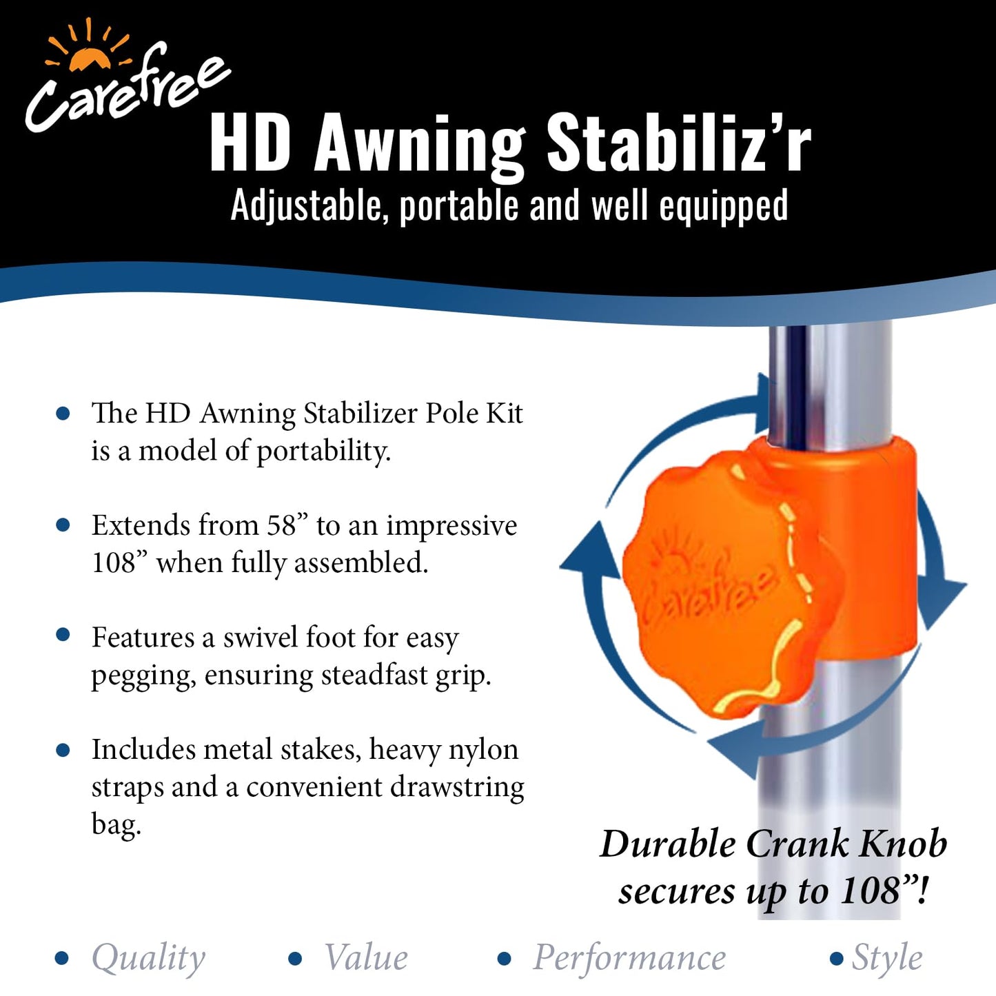 Carefree Of Colorado HD Awning Stabiliz'r Pole Kit - Awning Pole & Tie Down Kit - RV Awning Support & Accessories (108" Extended Length)