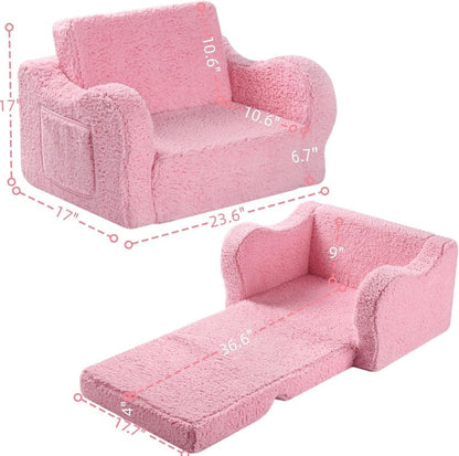 MOMCAYWEX Kids Sofa, 2-in-1 Flip-Out Foam Couch with Soft Sherpa Cover, Cozy Play Lounge Chair, Pink
