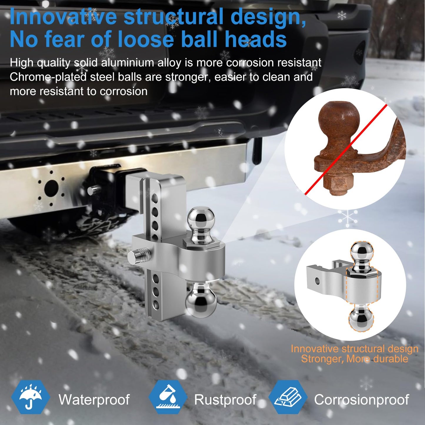 Drop Hitch 2.5 Inch Receiver, Vullteeon 6 Inch Adjustable Trailer Hitch Ball Mount, 18,500 LBS GTW, (2" & 2-5/16") Chrome Plated Steel Balls, Class 5 Aluminum Tow Hitches with 2 Anti-Theft Pins Locks