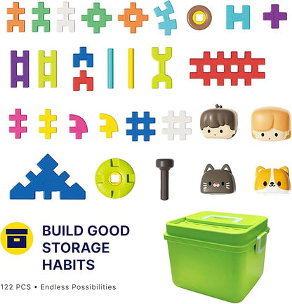 Advanced 3D Interlocking Soft Building Blocks for Kids 100+ Pcs STEAM Construction Set with Figures &amp Pets Sensory Educational Toy for Preschoolers 3-8 with Building Manual &amp Storage Bin