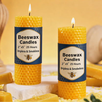 2 Pack Natural Beeswax Pillar Candles, 2x5in Pure Honeycomb Beeswax Candles Bulk, Unscented Bees Wax Candle for Home,Prayer,Dripless Smokeless Organic 100% Pillar Candles