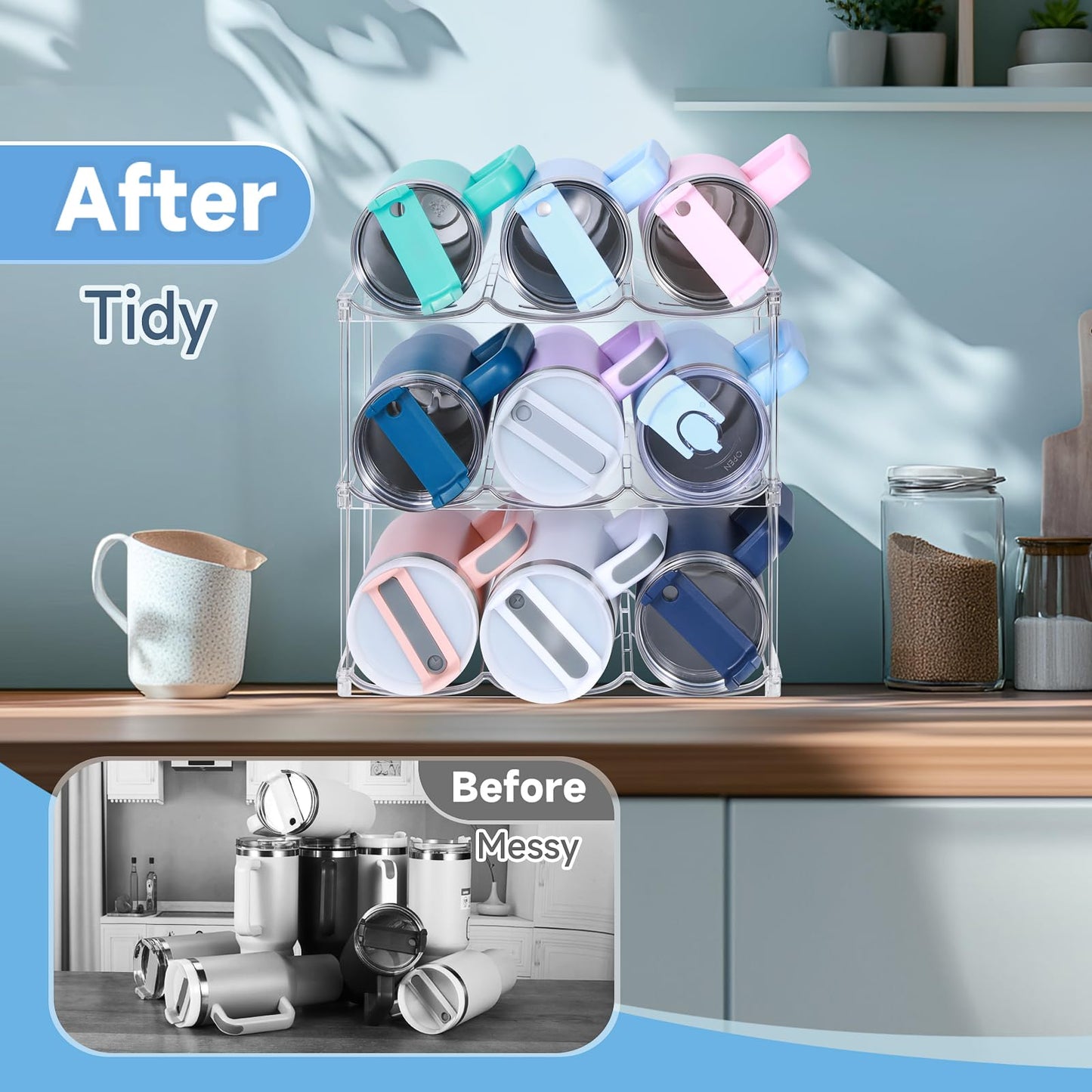 Stackable Water Bottle Organizer for Stanley 40 oz Tumbler, Water Bottle Holder for Cabinet, Pantry Kitchen Organizers and Storage for Stanley Cup Accessories, Tumbler Organizer and Wine Rack, 3Pack