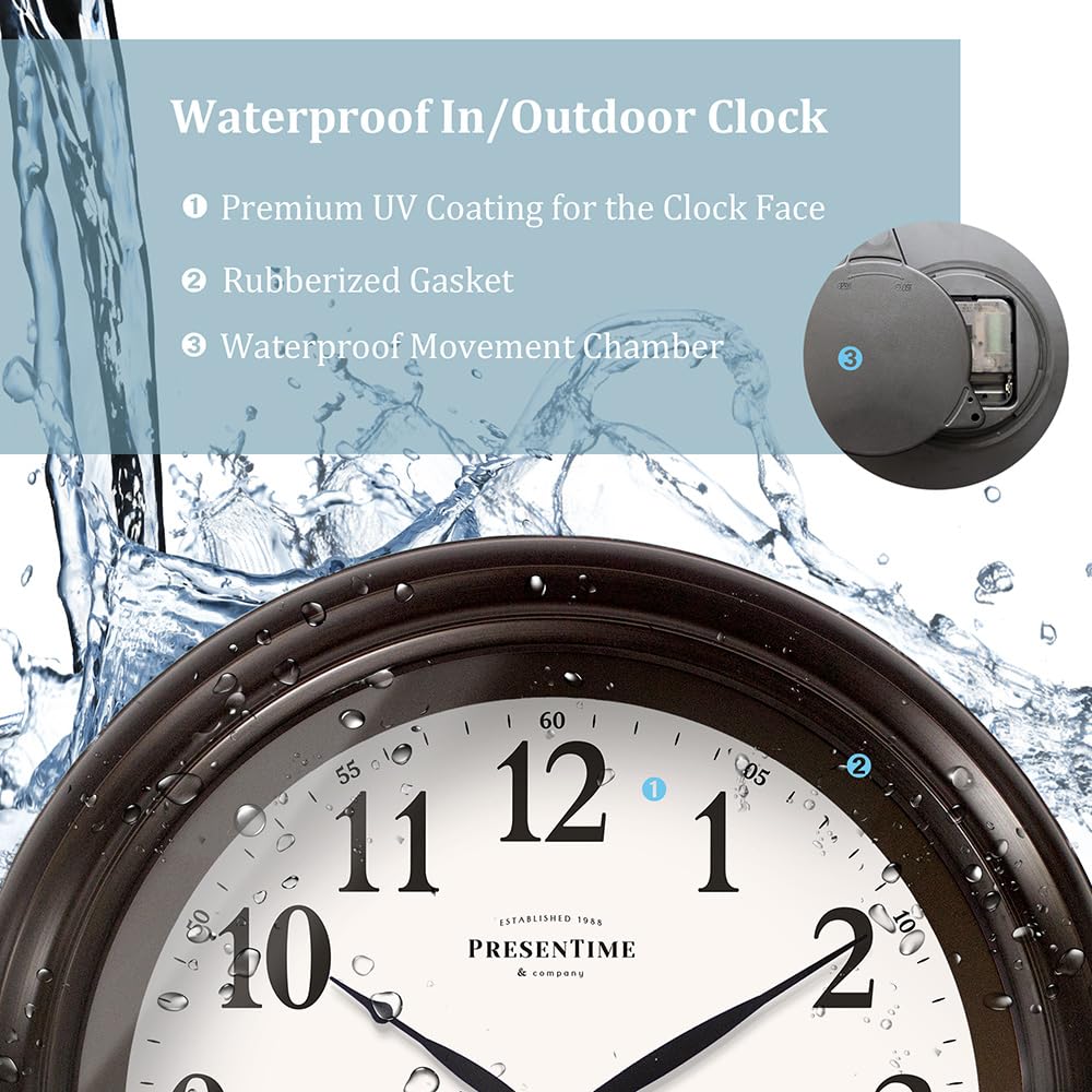 PresenTime & Co 24" Jameson Illuminated In/Outdoor Clock, Modern Farmhouse, Self-Illuminated, Waterproof, Weather Station (Thermometer & Hygrometer), Metal Clock, Oil Rubbed Bronze Finish(Night Light)