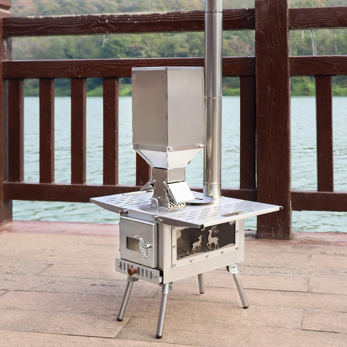 Outdoor Camping Stove Accessory Pellet Bin with Burner for Tent Stove(Silver)