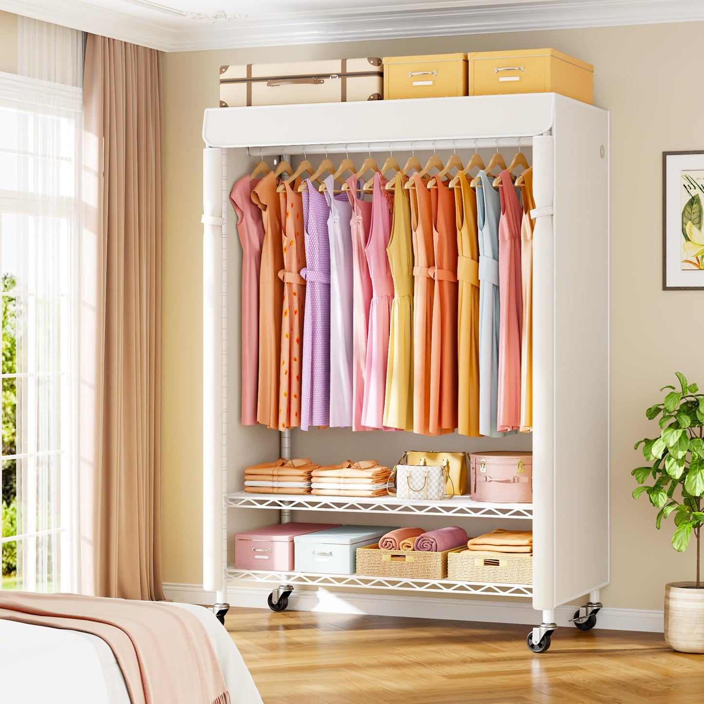 ULIFHOME P6C Plus Rolling Clothes Rack with Cover, Covered Clothing Rack Heavy Duty, Portable Closet for Hanging Clothes, Garment Rack on Wheels, White Closet Rack with White Cover, Max Load 375LBS