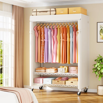 ULIFHOME P6C Plus Rolling Clothes Rack with Cover, Covered Clothing Rack Heavy Duty, Portable Closet for Hanging Clothes, Garment Rack on Wheels, White Closet Rack with White Cover, Max Load 375LBS