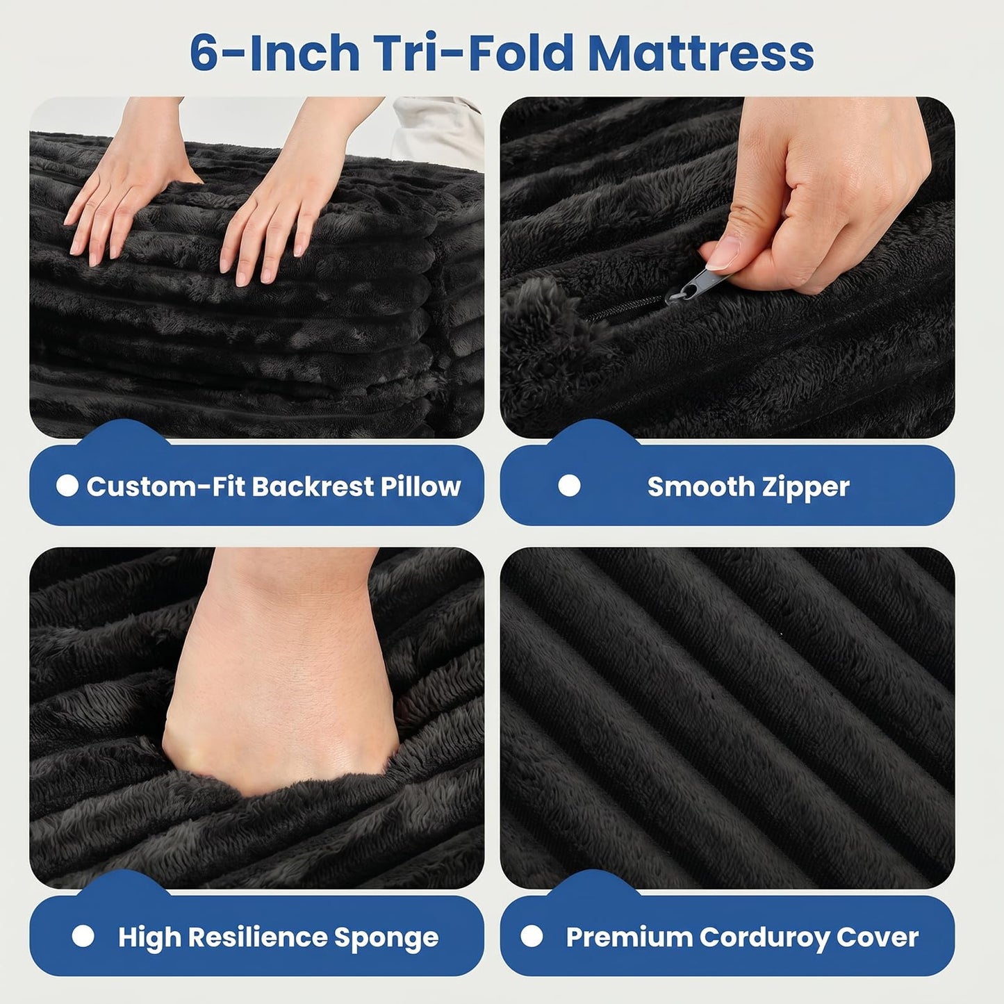 Tri-Fold Futon Sofa Bed, 6 Inch Foldable Floor Couch, High-Density Foam Convertible Sleeper Sofa with Removable Washable Corduroy Cover, Portable Floor Mattress for Living Room Bedroom Dorm RV Camping