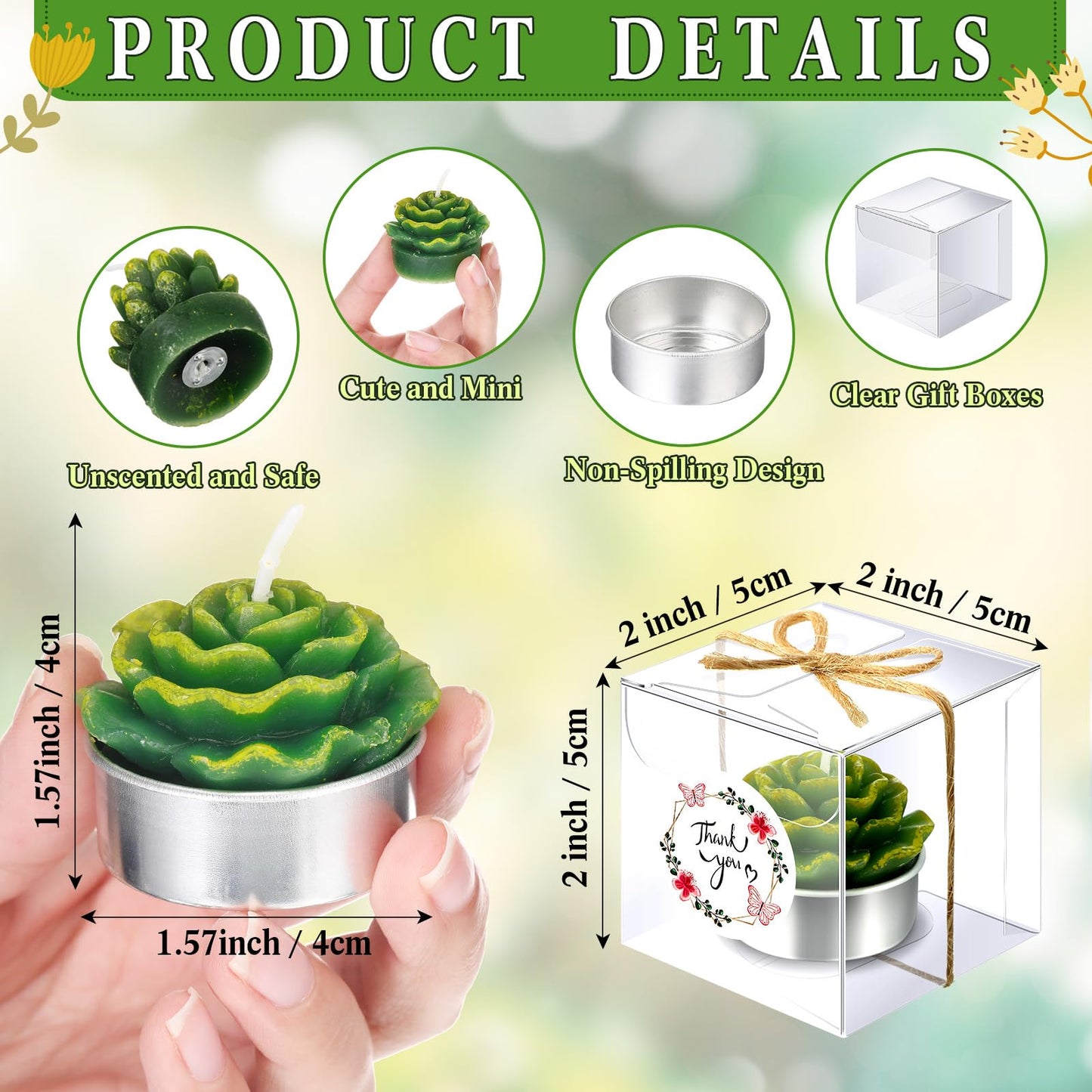 MTLEE 48 Sets Cactus Tealight Candle Gift Delicate Succulent Cactus Candle Mini Plant Party Favor for Valentine's Day Holiday Bridal Shower Fiesta Birthday Anniversary Celebration Wedding