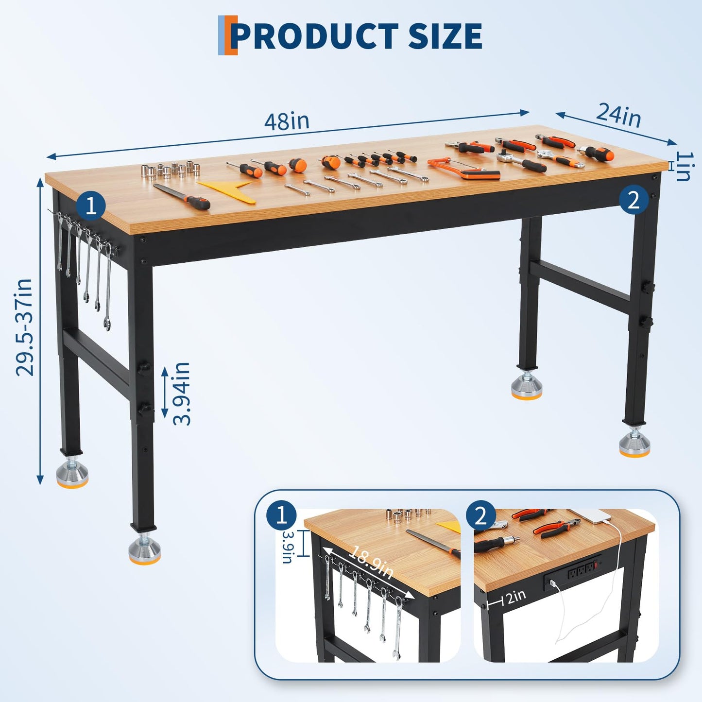 48" Work Bench with Power Outlet, 48" x 24" Work Benches for Garage, Adjustable Height Workbench, 2000 LBS Tool Bench for Workshop & Home