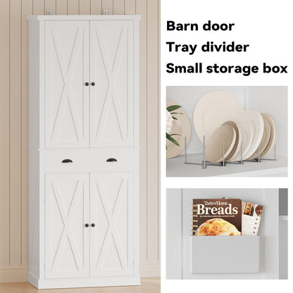 IRONCK Kitchen Pantry Storage Cabinet 83.9" H, with Barn Doors, Drawer, 4 Adjustable Shelves, Freestanding Cupboard for Dining Room Living Room, Laundry, White