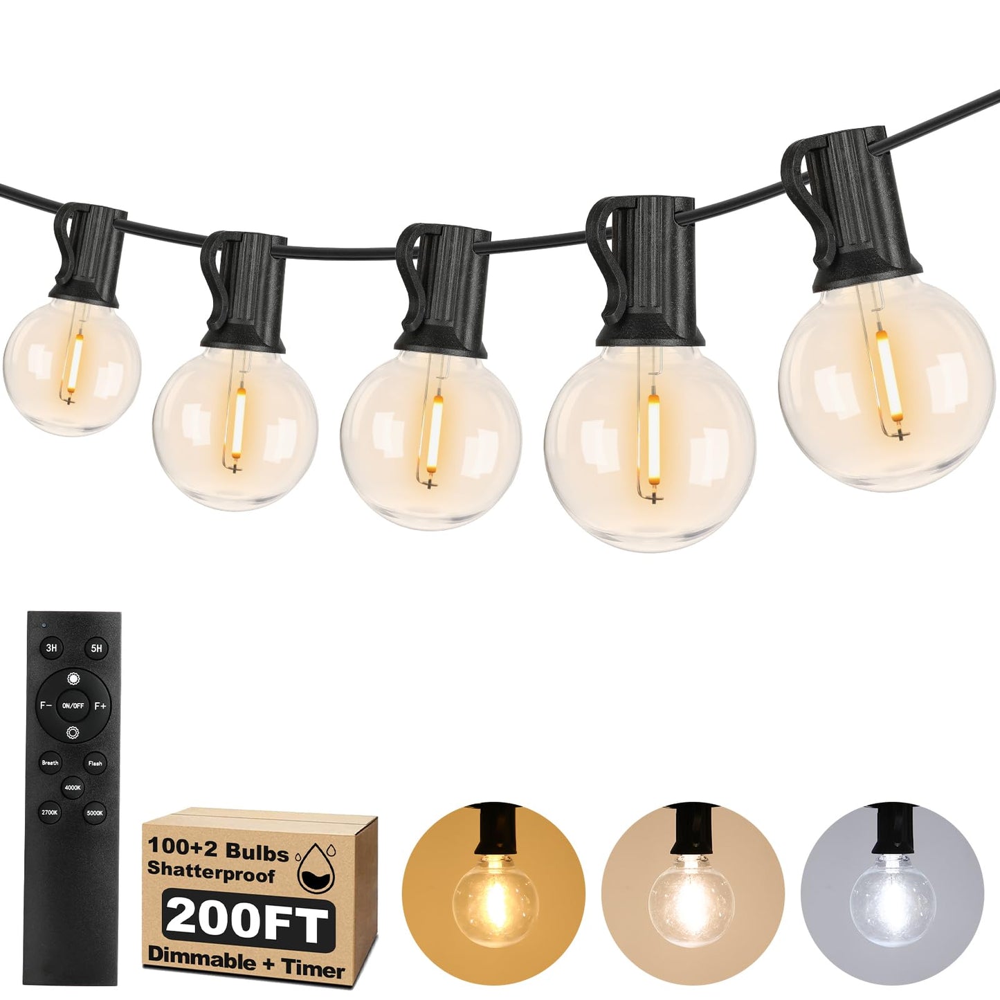 200FT LED Outdoor String Lights with 3 Color Lights, Dimmable String Lights for Outside with Remote, G40 Globe Waterproof Patio Lights with 100 Shatterproof Bulbs for Party Backyard BBQ House Camping
