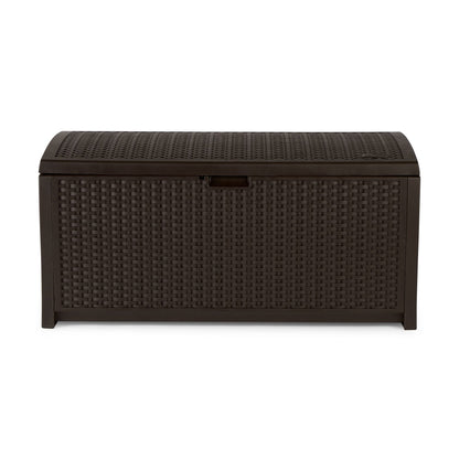 Suncast Outdoor Storage Box - 73 Gallon Mocha Brown Deck Box for Patio, weather-resistant Outdoor Storage Bench, Resin Wicker Style, Heavy-Duty, Lockable Lid for Cushions, Shoes, Pool & Garden Gear