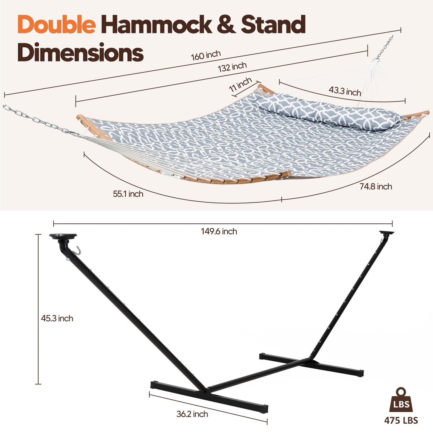 SUNCREAT Double Outdoor Hammock with 12 ft Stand, Solar Powered Lights, 2 Person Hammocks for Outside, Grey